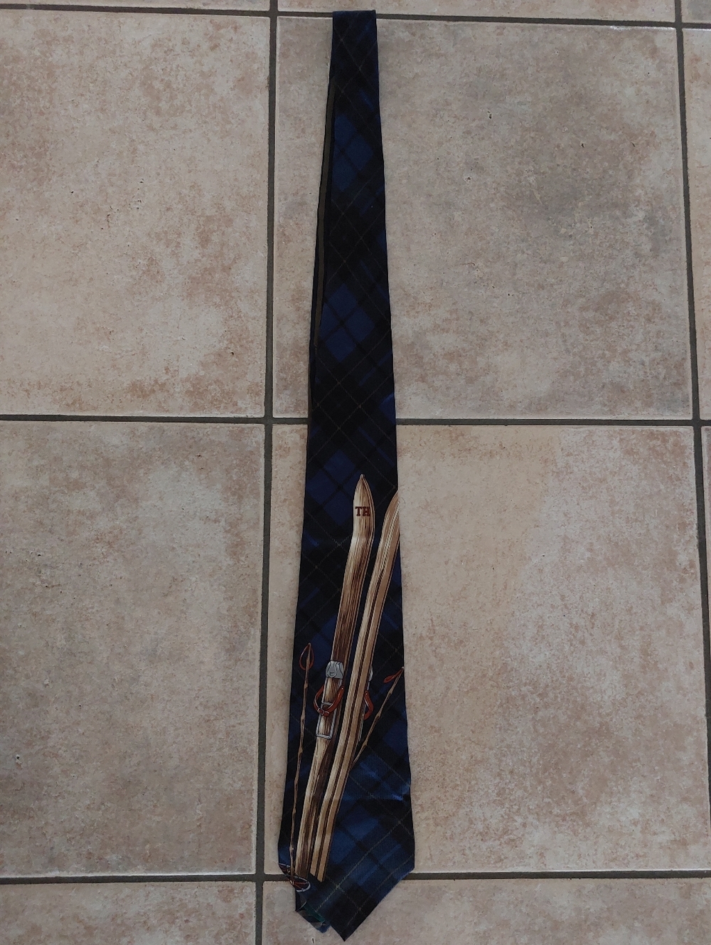 Tommy Hilfiger Blue and Black Plaid Tie with Ski Motif